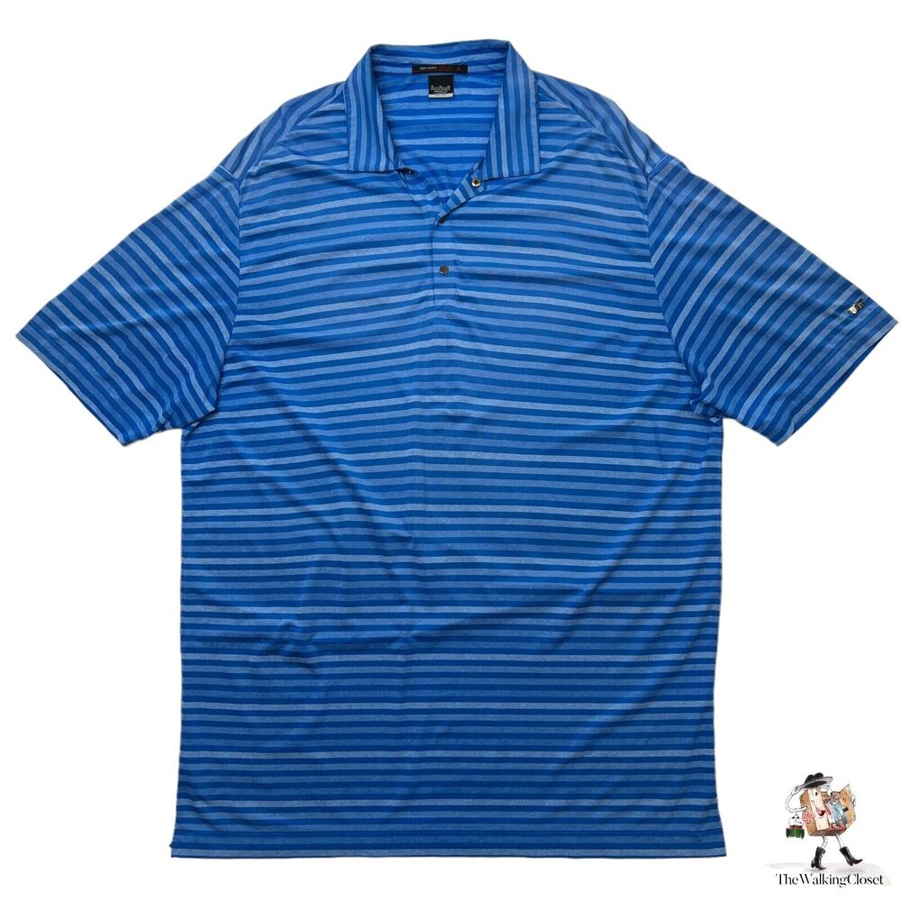 Nike Tiger Woods Shirt Mens XL Extra Large Blue Striped Dri Fit Snap Button Polo